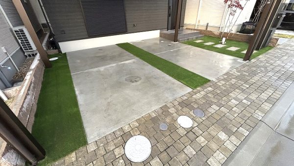 【大阪】松原市 玄関アプローチと駐車場の人工芝施工