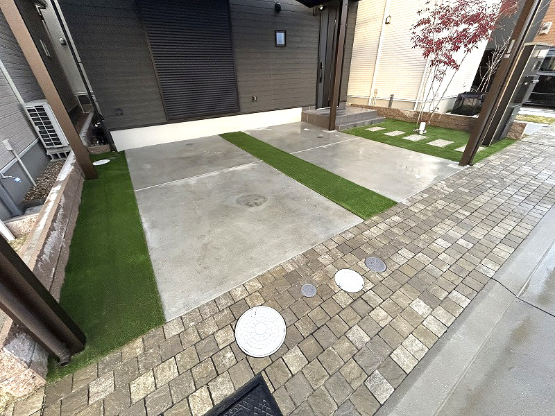 【大阪】松原市 玄関アプローチと駐車場の人工芝施工